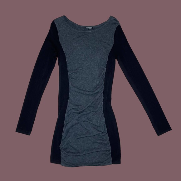 Express Gray & Black Rushed Color Block Long Sleeve Knit Sweater Dress - Picture 8 of 9
